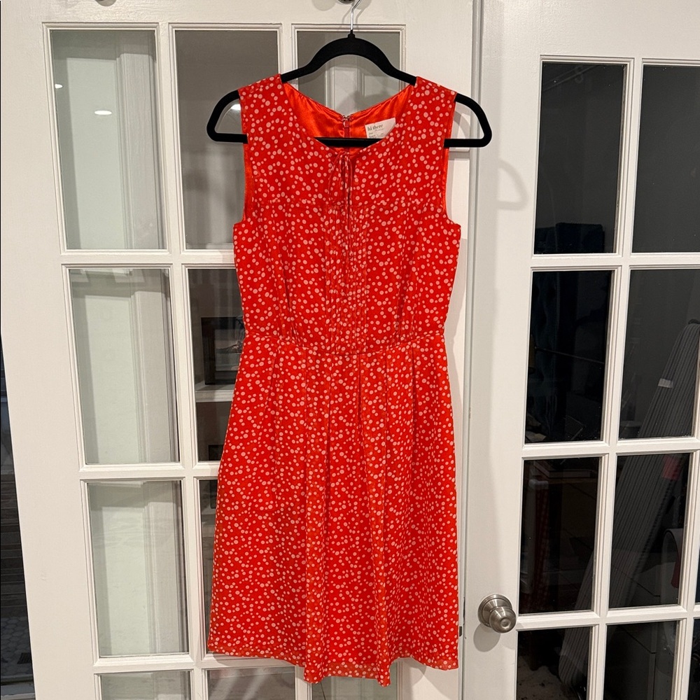 Anthropologie Coral Red Sleeveless Midi Dress with White Dots